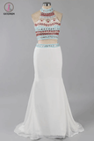 Two Piece Halter Sleeveless Ivory Beaded Prom Dress with Sweep Train,Prom Dress Long KPP0219