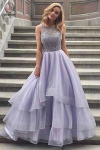 Lavender Sleeveless Scoop Tiered Tulle Prom Dress with Beads,Prom Dress Long,Formal Dress KPP0222