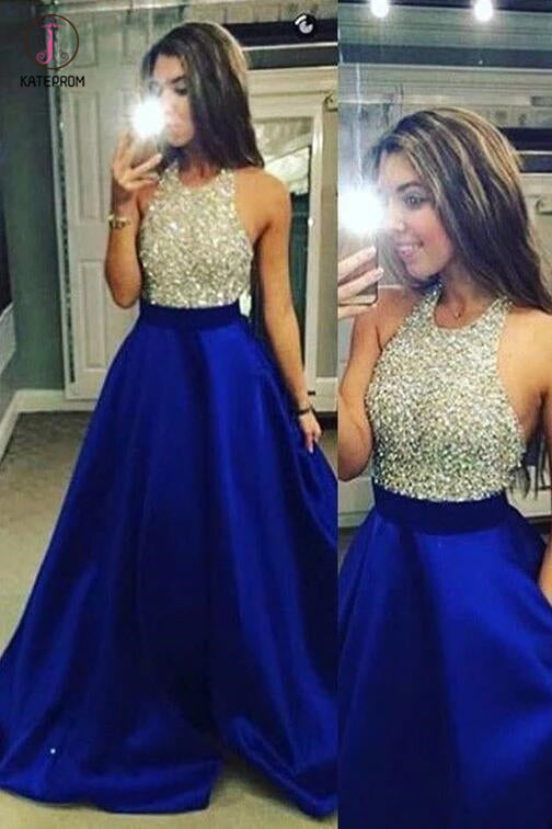 Royal Blue Halter Sleeveless Sparkly Long Prom Dresses with Beading,Backless Formal Dress KPP0226