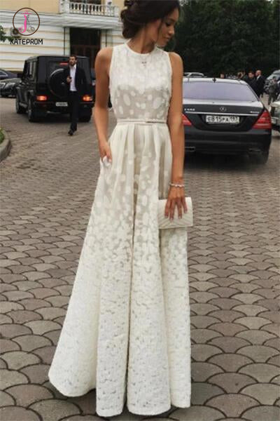 A-line Ivory Jewel Sleeveless Floor-length Lace Prom Dresses,Cheap Evening Dress,Formal Dress KPP0228