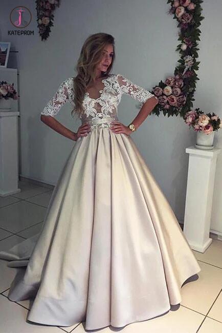A-line Half Sleeves V-neck Ruched Long Prom Dress with Lace Top,Long Evening Dress KPP0230