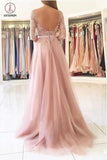 Blush Pink A-line Bateau Split Backless Lace Appliques Tulle Long Prom Dresses with Sleeves KPP0231
