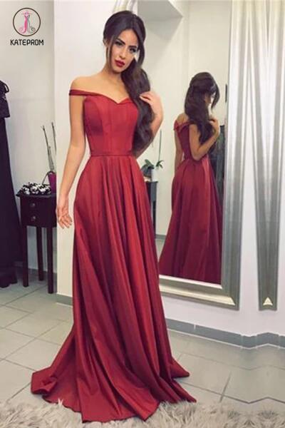 Burgundy Off-the-Shoulder Floor-length Ruched Satin Long Prom Dresses,Evening Dresses KPP0232