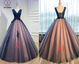 Unique Dark Blue V Neck Sleeveless Appliques Tulle Long Ball Gown Prom Dresses with Bowknot KPP0233