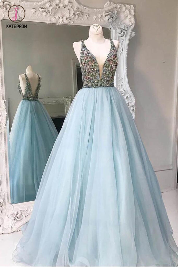 Deep V-neck Light Blue Backless Sleeveless Floor-length Tulle Prom Dress with Beads,Party Dress KPP0234