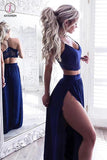 Sexy Two Piece Royal Blue Straps Split V-neck Prom Dresses with Lace,Sexy Long Party Dresses KPP0235