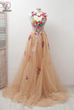 A-line Scoop Sleeveless Open Back Appliques Tulle Prom Dress with Hand-Made Flowers KPP0239