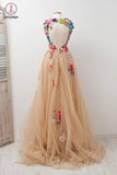 A-line Scoop Sleeveless Open Back Appliques Tulle Prom Dress with Hand-Made Flowers KPP0239