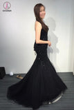 Black Strapless Sweetheart Sparkly Mermaid Tulle Prom Dresses with Sweep Train KPP0240