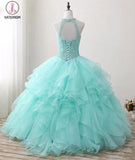 Mint Floor-length Jewel Sleeveless Ball Gown Beading Tulle Prom Dresses,Quinceanera Dresses KPP0242