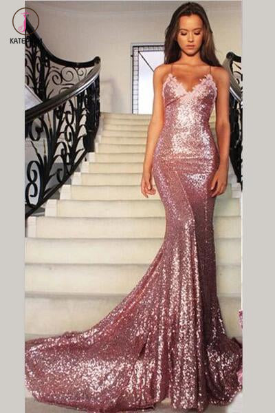 Gorgeous Rose Gold Spaghetti Straps V-neck Mermaid Sequins Sweep Train Prom Dress KPP0243