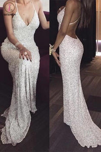 White Deep V neck Spaghetti Straps Sequin Mermaid Long Prom Dresses,Sexy Evening Dress KPP0244