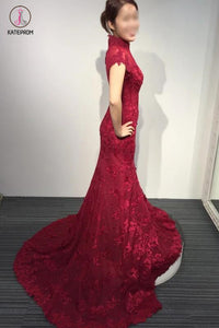 Burgundy Lace Short Sleeve High Neck Mermaid Sweep Train Evening Dress,Vintage Prom Dress KPP0245