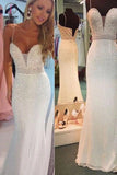 Sexy White Beaded Spaghetti Straps Mermaid Evening Party Dresses,Sparkly Prom Gown KPP0247
