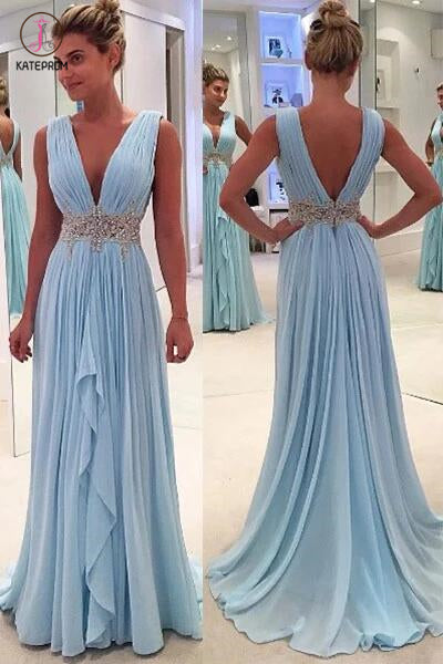 Sky Blue A Line Deep V Neck Sleeveless V Back Beading Pleats Chiffon Long Prom Dress KPP0249