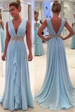 Sky Blue A Line Deep V Neck Sleeveless V Back Beading Pleats Chiffon Long Prom Dress KPP0249
