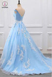 Sky Blue V-neck A-Line Lace Appliques Tulle Prom Dresses,Formal Women Dress KPP0250