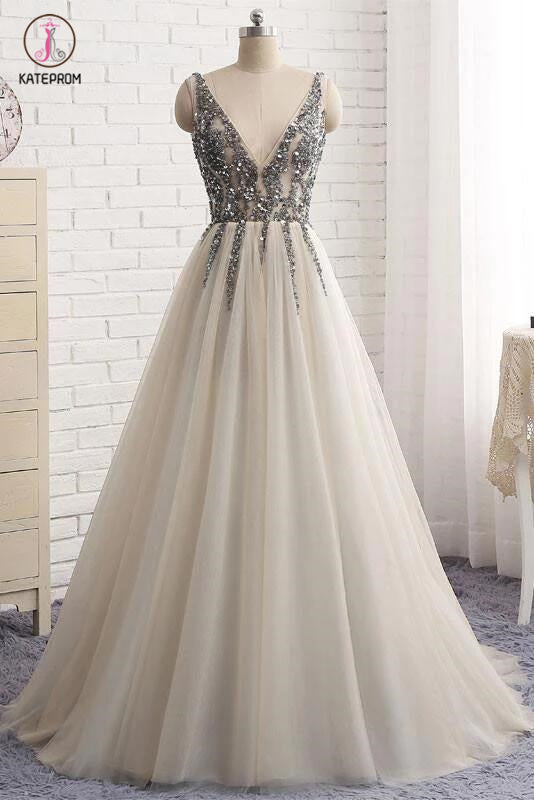 Sexy Deep V-neck Bling Sleeveless Tulle Prom Dress with Sequins,Formal Dresses KPP0251