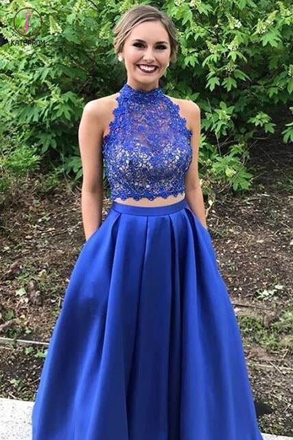 Two Piece Royal Blue High Neck Sleeveless Satin Floor-length Prom Dress with Lace KPP0252