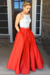 Fashion Red Two Piece Square Neck Satin with Appliques Lace Prom Dress Long KPP0253