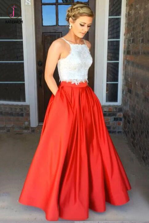 Fashion Red Two Piece Square Neck Satin with Appliques Lace Prom Dress kateprom Fashion Red Two Piece Square Neck Satin with Appliques Lace Prom Dress kateprom