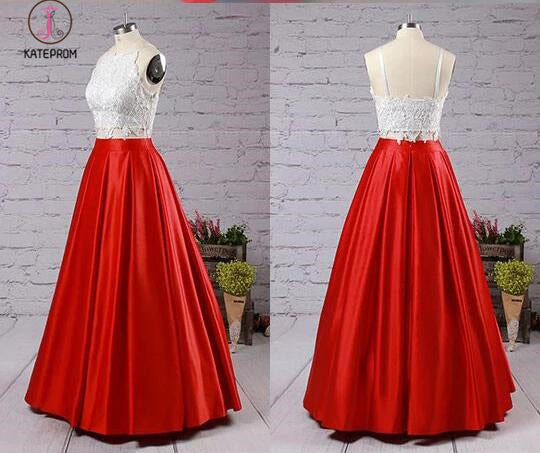 Fashion Red Two Piece Square Neck Satin with Appliques Lace Prom Dress –  kateprom