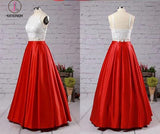 Fashion Red Two Piece Square Neck Satin with Appliques Lace Prom Dress Long KPP0253