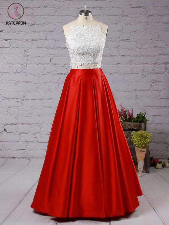 Fashion Red Two Piece Square Neck Satin with Appliques Lace Prom Dress kateprom Fashion Red Two Piece Square Neck Satin with Appliques Lace Prom Dress kateprom