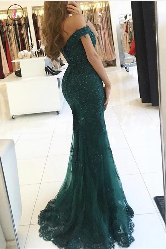 Dark Green Off-the-shoulder Mermaid Tulle Prom Dress with Beads,Evening Gown KPP0255