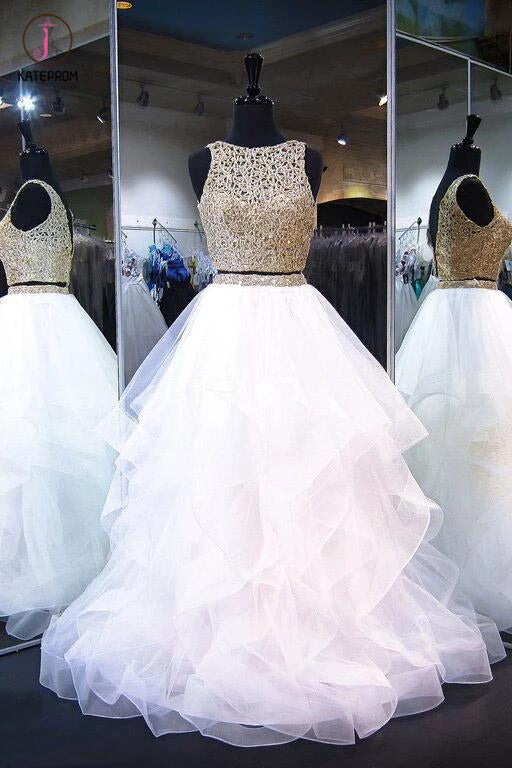 Two Piece White Shiny Ruffles Sleeveless Floor Length Prom Gown with Gold Top KPP0256
