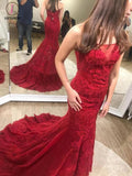 Sexy Trumpet Red Strapless Sweep Train Lace Prom Dress,Long Formal Gown KPP0257