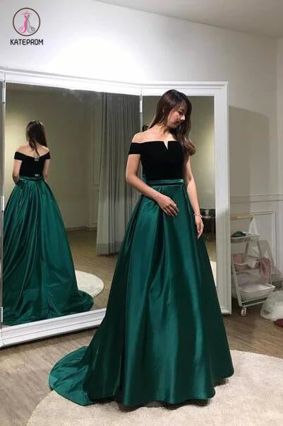 A-line Dark Green Off-the-shoulder Sweep Train Evening Dress,Prom Gown KPP0258