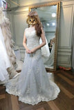 Light Gray Cap Sleeveless Lace Appliques Open Back Prom Dress with Beads KPP0259