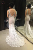 Sexy Ivory V-neck Mermaid Sleeveless Sweep Train Lace Prom Dresses,Cheap Dress KPP0262