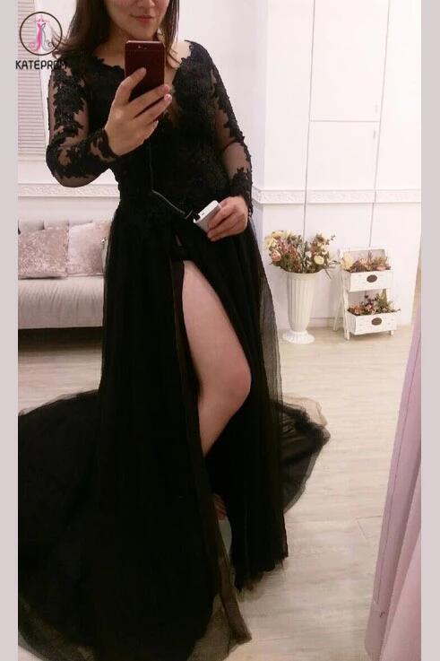 Sexy Black Split Tulle Lace Appliques Long Sleeves Sweep Train Prom Dress KPP0263