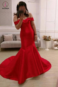 Red Off-the-shoulder Mermaid Sweep Train Satin Evening Dress,Party Gown,Red Dresses KPP0265