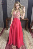 Hot Pink A-line Deep V-neck Chiffon Beading Backless Sleeveless Prom Gown,Formal Gown KPP0266