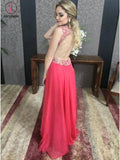 Hot Pink A-line Deep V-neck Chiffon Beading Backless Sleeveless Prom Gown,Formal Gown KPP0266