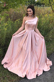 Stylish Pink Satin One Shoulder Sleeveless Long Prom Dress,A-line Evening Dresses KPP0270