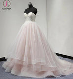 Light Pink Strapless Sweetheart Charming Affordable Layers Long Prom Dresses Ball Gown KPP0271