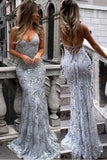Spaghetti Straps V-neck Mermaid Sparkly Tulle Evening Dress,Long Prom Gowns KPP0274