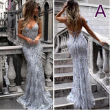 Spaghetti Straps V-neck Mermaid Sparkly Tulle Evening Dress,Long Prom Gowns KPP0274