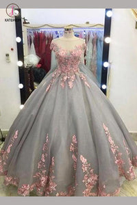 Gray Ball Gown Cap Sleeves Floor-length Pink Lace Appliques Prom Dress,Quinceanera Dresses KPP0276