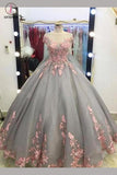 Gray Ball Gown Cap Sleeves Floor-length Pink Lace Appliques Prom Dress,Quinceanera Dresses KPP0276
