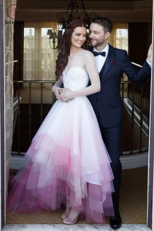 A-line Colorful Pink and White Long Sleeves Sheer Long Wedding Dress,O – kateprom