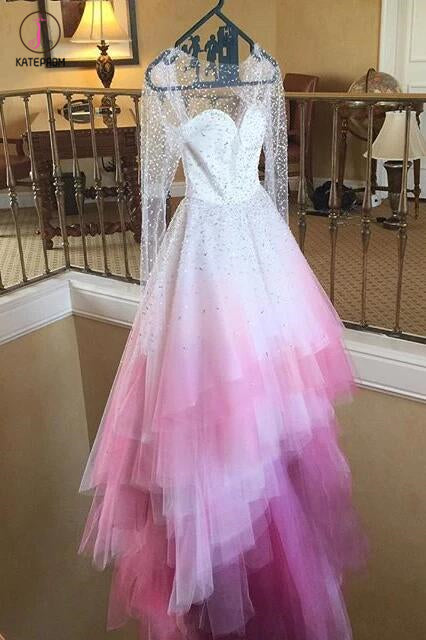 pink and white wedding dresses A-line Colorful Pink and White Long Sleeves Sheer Long Wedding Dress,O –  kateprom