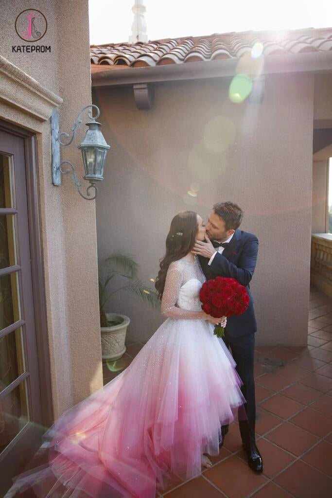 wedding dresses hot pink and white Beaded White Lace to Fuchsia Ombre Tulle Bridal Dress