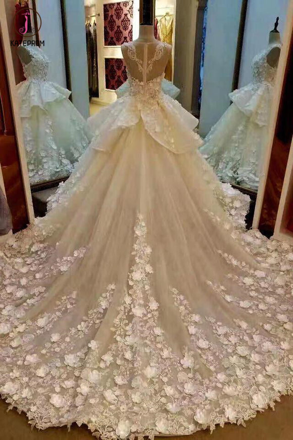 Gorgeous Sleeveless Ball Gown Appliques Flowers Court Train Wedding Dresses KPP0279
