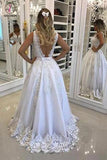 A-Line V-Neck White Sleeveless Backless Tulle Long Prom Dress with Appliques KPP0280