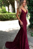 Burgundy Trumpet Spaghetti Straps V-neck Lace Sweep Train Mermaid Prom Dress KPP0281